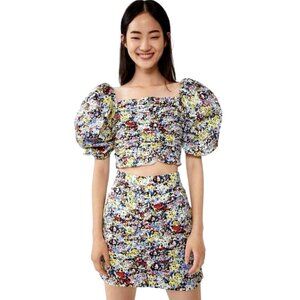Zara‎ Shirt Women Medium Multicolor Floral Puff Sleeve Crop Top Boho Cottagecore